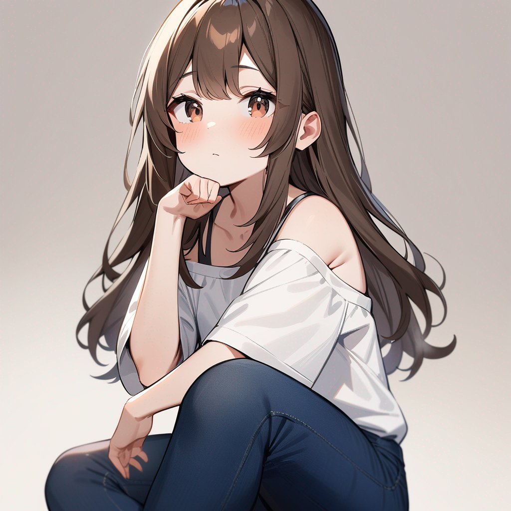 a small twelve years old european girl with brown hair that is lighter at the tips, dark brown eyes and warm coloured skin. she is wearing a off-the-shoulder white t-shirt, and dark blue jeans.