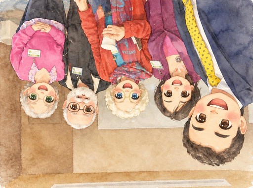 Upside-down kawaii illustration of five people in colorful clothing standing together against a watercolor background.