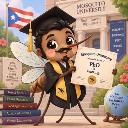 Puerto Rican male mosquito with black hair, side burns, mustache and goatee graduating from Mosquito University with PhD in Buzzing.