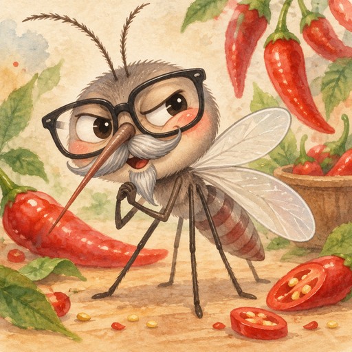 Create cute mosquito with gray mustache and goatee wearing thick eyeglasses and with mischievous facial expression and chili peppers in background