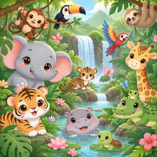 A jungle scene with a lot of jungle animals