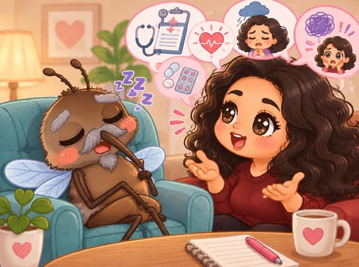 Kawaii illustration of a person beside a sleeping dog on a teal sofa, with pastel colors.