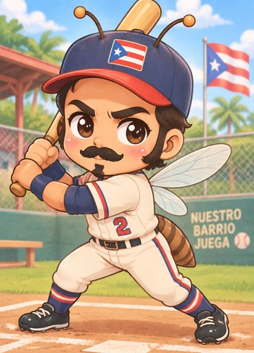 Kawaii baseball player holding a bat on a sunny field, wearing a navy cap and white uniform.