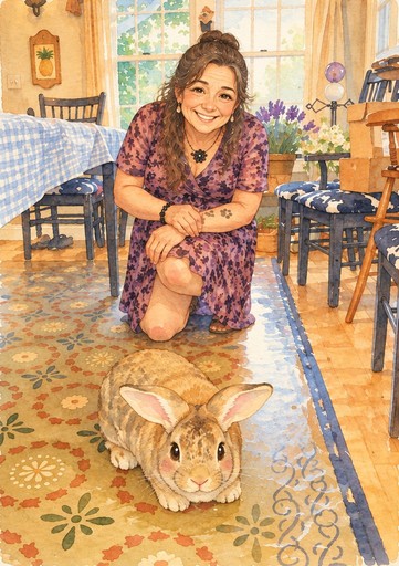 Kawaii illustration of a person kneeling beside a rabbit in a cozy room, warm colors