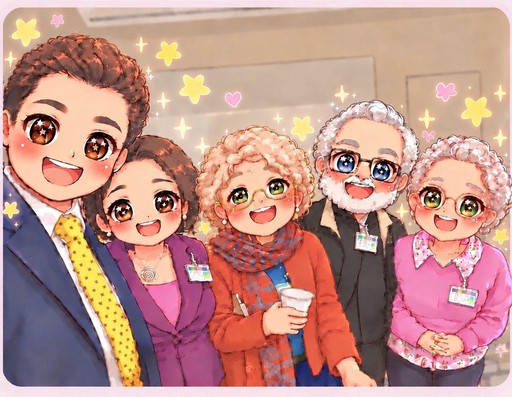Kawaii illustration of five smiling people in colorful clothes with floating stars and hearts