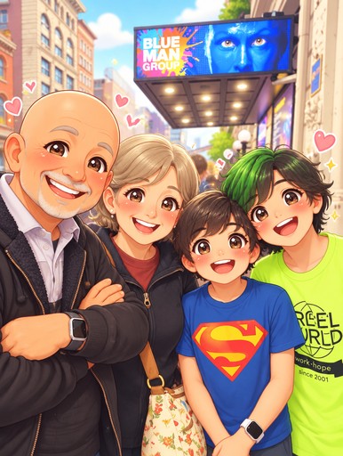 Kawaii illustration of four smiling people posing beneath a colorful city billboard.