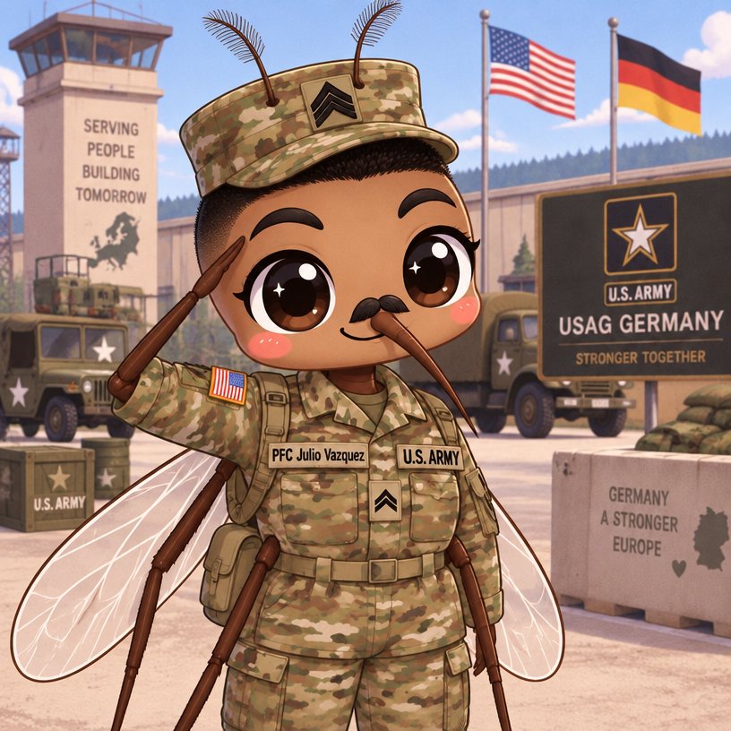 Kawaii cartoon soldier holding a rifle beside military trucks and flags, in desert camouflage.