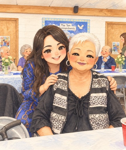 Kawaii-style illustration of two people smiling at a table with a coffee cup.
