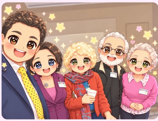 Kawaii cartoon group portrait with colorful clothing and a warm indoor background