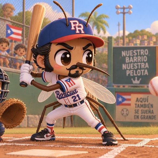 Puerto Rican male mosquito with 2 antenna sticking out of baseball hat, black hair and prominent side burns, black mustache and goatee, with focused facial expression playing baseball in local ball park