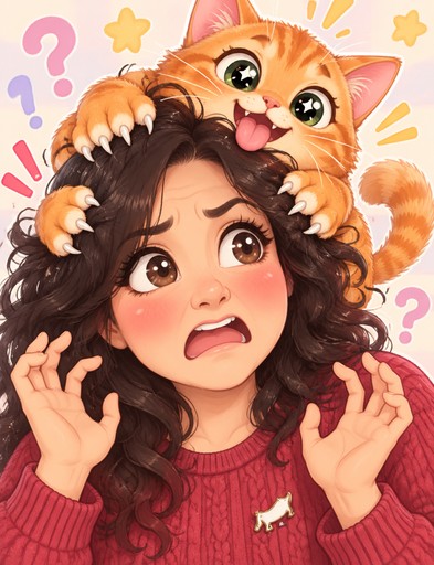 Kawaii illustration of a surprised person wearing an orange cat hat, pastel accents.