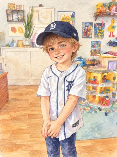 A person wearing a navy cap stands in a colorful art classroom illustration.