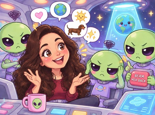 Kawaii cartoon person waves beside green aliens and a glowing blue spaceship.