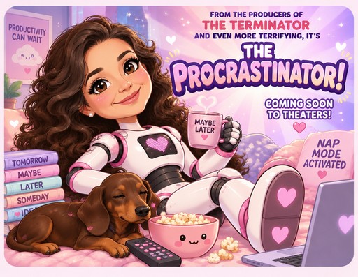 Kawaii illustration of a person relaxing with a dog, cat, and laptop amid pink decor.