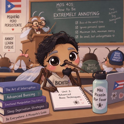 Puerto Rican mosquito with black hair, black goatee, small black mustache, gray eye brows in college classroom for college level course about how to be extremely annoying