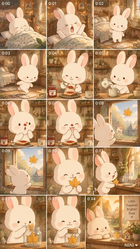 Create a 15-second animated clip in a soft, flat kawaii cartoon style, inspired by cozy Japanese storybook illustrations. Use minimal dark outlines, muted pastel colors, warm golden sunlight, subtle paper texture, and gentle, soothing animation.

**MAIN CHARACTER — NINI:**
An adorable tiny cream-colored bunny with a round head, long upright ears with pale pink inner ears, tiny black dot eyes, rosy pink cheeks, a small simple smiling mouth, and a little round body. Nini has a gentle, curious, slightly clumsy personality. Her design must remain identical throughout the video.

**SETTING:**
Nini's tiny wooden cottage in a peaceful forest village. The cottage has a small wooden kitchen table, warm string lights, hanging herbs, little potted plants, a sunny window, and shelves filled with handmade ceramic mugs. A tiny empty glass jar sits on the windowsill.

**SCENE AND ACTION:**

0–4 seconds: Morning sunlight shines through the cottage window. Nini wakes up in her tiny bed, stretches her little paws, yawns adorably, and hops onto the floor.

4–8 seconds: Nini prepares breakfast in her cozy kitchen. She spreads strawberry jam on a piece of toast, pours warm milk into a tiny ceramic cup, and accidentally gets a little spot of jam on her nose. She looks surprised, then giggles.

8–12 seconds: While eating breakfast, Nini notices a beautiful golden leaf floating past her window. She opens the window, catches the leaf carefully in her paws, and smiles with delight.

12–15 seconds: Nini places the golden leaf inside a small empty glass jar on her windowsill. She looks at it proudly, gives a tiny happy smile, and gently closes the jar. Warm sunlight glows around her cottage.

**ENDING FEELING:**
A quiet, heartwarming moment that introduces Nini's habit of collecting little treasures from ordinary days. The story should feel like opening a cozy picture book.

**ANIMATION:**
Gentle blinking, tiny ear movements, subtle breathing, soft floating dust particles, slowly moving sunlig
