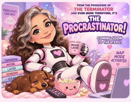 Kawaii pink cartoon person beside a sleeping dog, with coffee and procrastination-themed text.