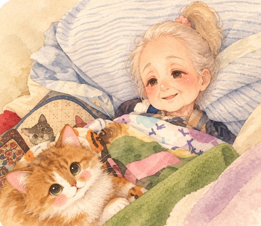 Kawaii watercolor illustration of a person reading beside a fluffy cat under a quilt