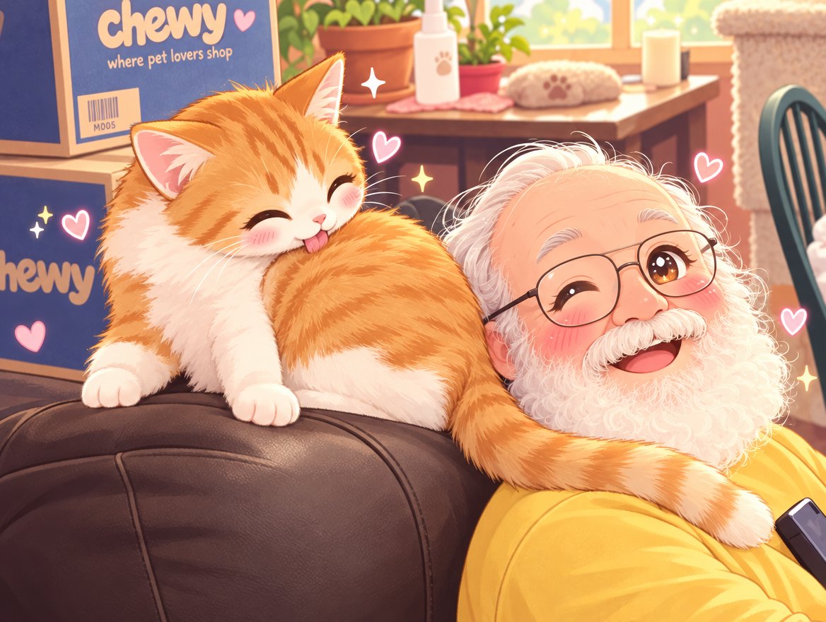 Kawaii illustration of an orange cat cuddling beside a smiling person in glasses.