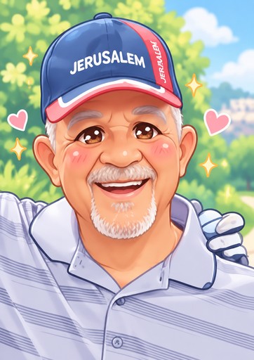 Kawaii-style person wearing a Jerusalem cap, smiling in a striped shirt amid flowers.