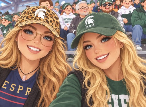 Kawaii-style illustration of two smiling people in green caps at a baseball game.