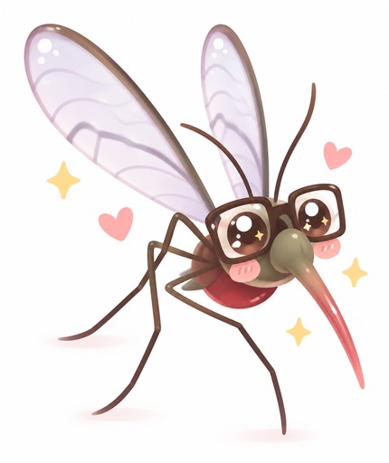Kawaii cartoon mosquito with pale wings, heart sparkles, and a long red proboscis