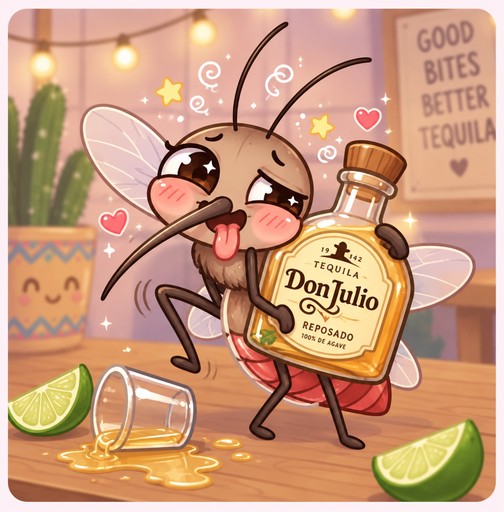 Kawaii cartoon cockroach holding a tequila bottle beside spilled drink and lime wedges.