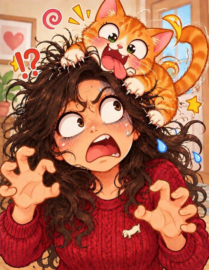 Kawaii illustration of a person startled as an orange cat climbs on their head.