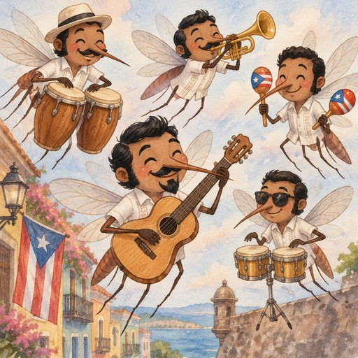 5 Puerto Rican adult male mosquitos with antenna, black hair and prominent side burns, long tapered proboscus, playing salsa music while in flight.  Add black mustache and goatee to mosquito playing guitar and black mustaches to 2 of the other mosquitoes