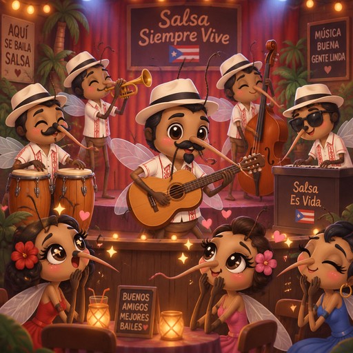 5 Puerto Rican adult male mosquitos with antenna, black hair and prominent side burns, long tapered proboscus, playing salsa music in local club.  Add black mustache and goatee to mosquito playing guitar and black mustaches to 2 of the other mosquito band members.  Add a few star struck female mosquitoes near stage.