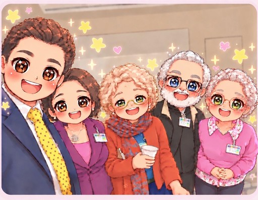 Kawaii group portrait of five people in colorful formal outfits with hearts and stars