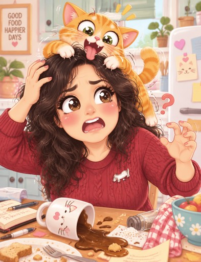 Kawaii illustration of a person with a playful orange cat at a craft table.