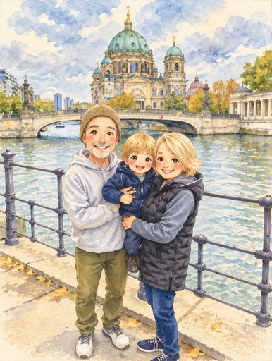 Kawaii watercolor illustration of a person with two children by a river and historic dome building.