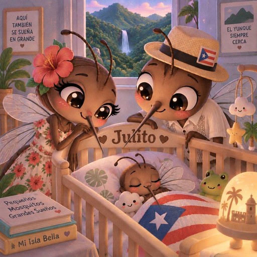 Kawaii illustrated mice tend a baby in a flower-filled nursery with warm colors