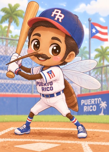 Kawaii baseball player swinging a bat in a colorful Puerto Rico ballpark illustration