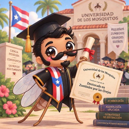 Kawaii cartoon person in graduation cap holding a diploma beside university sign and Puerto Rican flag