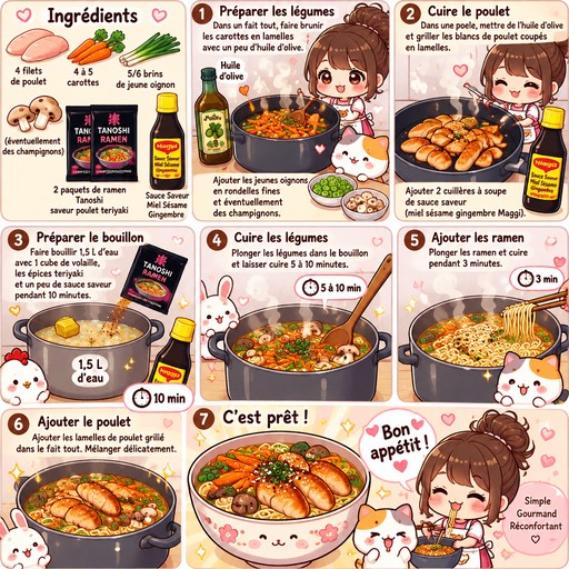 4 FILET DE POULET , 2 packet de ramen  tanoshi saveur poulet teriyaki(image) ,dans une fait tout , faire brunir des carotte en lamelle ( 4 a 5 carottes ) + 5/6 brin de jeune oignon coupe en roudelle fine+ éventuellement des champignon, dans une poele , mettre de l huile d olive et grille les blanc de poulet (coupez en lamelle)et rajouter 2 cs de sauce saveur (miel sesame gemgembre maggi(image)) faire bouillir de l'eau 1,5L avec un cube de volaille +les epices teriyaki + sauce saveur pendant 10 minutes plonges les legumes dedans pendant ( 5a 10minutes) puis les ramen 3 minutes