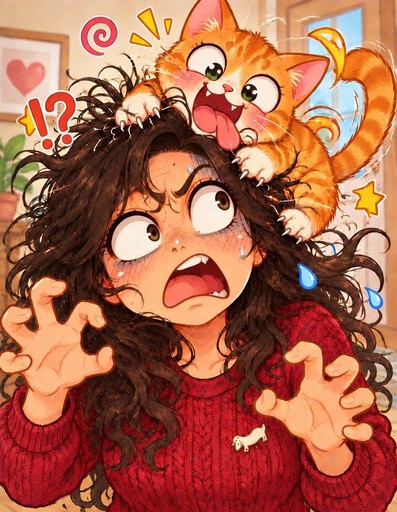 Kawaii illustration of a person startled as an orange cat climbs on their head.