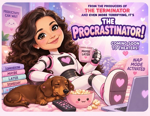 Kawaii illustration of a person relaxing with a dog and pink productivity-themed gadgets.