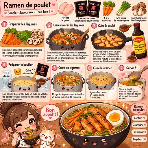 ramen de poulet 4 FILET DE POULET , 2 packet de ramen  tanoshi saveur poulet teriyaki(image) ,dans une fait tout , faire brunir des carotte en lamelle ( 4 a 5 carottes ) + 5/6 brin de jeune oignon coupe en roudelle fine+ éventuellement des champignon, dans une poele , mettre de l huile d olive et grille les blanc de poulet (coupez en lamelle)et rajouter 2 cs de sauce saveur a la fin de cuisson  (miel sesame gemgembre maggi(image)) faire bouillir de l'eau 1,5L avec un cube de volaille +les epices teriyaki + sauce saveur pendant 10 minutes plonges les legumes dedans pendant ( 5a 10minutes) puis les ramen 3 minutes , verse le bouillon dans un bol et serve avec les filet de poulet et  1 oeuf dur couper en deux