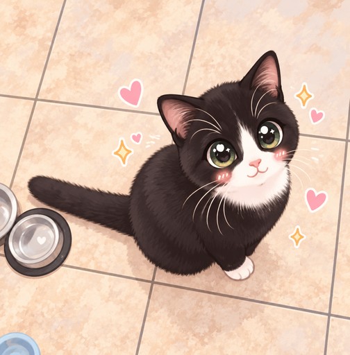 Kawaii black cat sitting on tiled floor, surrounded by pink hearts and golden stars.