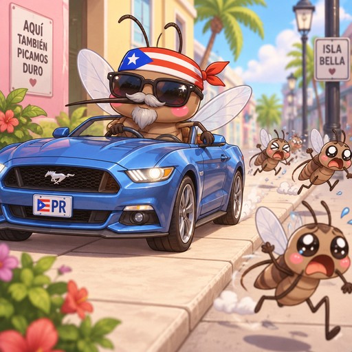 Puerto Rican mosquito with gray mustache and goatee wearing sunglasses and driving a mustang on sidewalk as other mosquitoes run for their lives