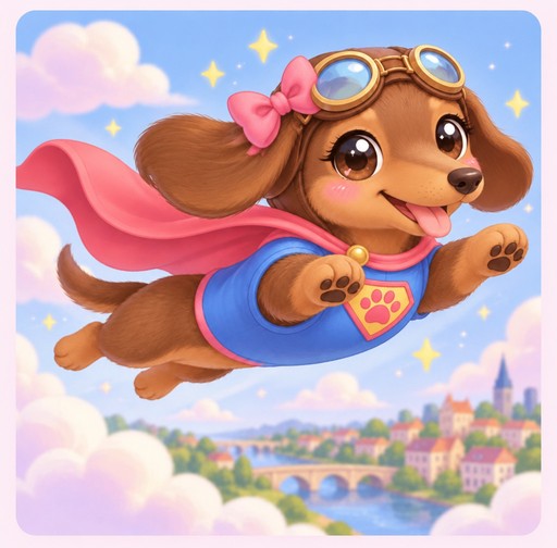 Kawaii cartoon dog flying in a blue outfit and pink cape, pastel sky background