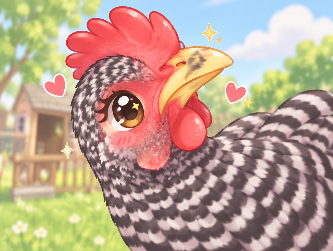 Kawaii illustrated chicken with striped feathers, red comb, and yellow beak outdoors.