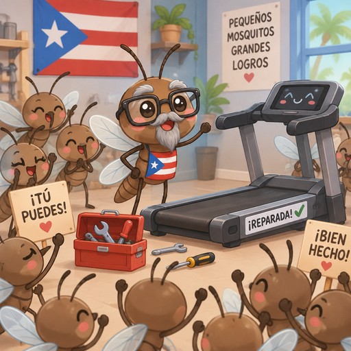 A crowd of mosquitos cheering for one Puerto Rican mosquito with gray goatee, small gray mustache, gray eye brows and thick lens eyeglasses standing next to treadmill he successfully repaired