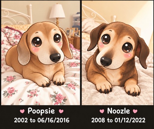 Kawaii illustrated dogs lying on floral beds, with pink heart captions in warm colors