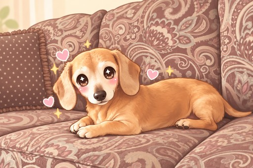 Kawaii brown dog resting on a patterned sofa with pink hearts.