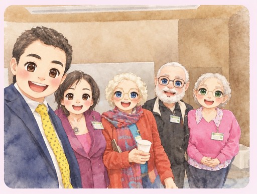 Watercolor kawaii group portrait of five people in colorful clothing, smiling together.