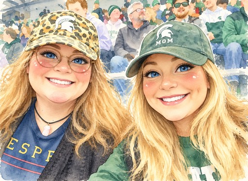 Two smiling people in caps posing at a crowded outdoor sports event, illustrated in soft colors.