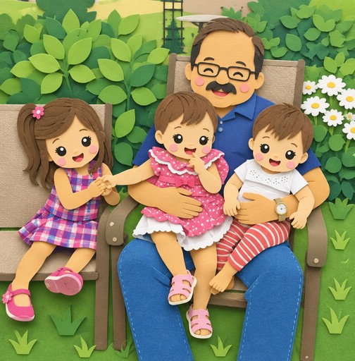 Kawaii illustration of a family sitting together among green foliage and flowers.